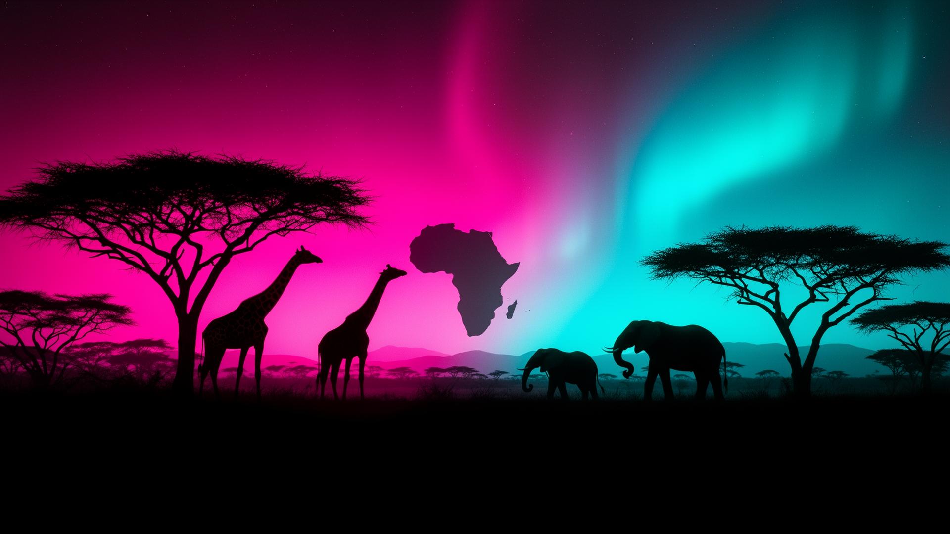 African safari silhouette with neon pink and cyan aurora sky